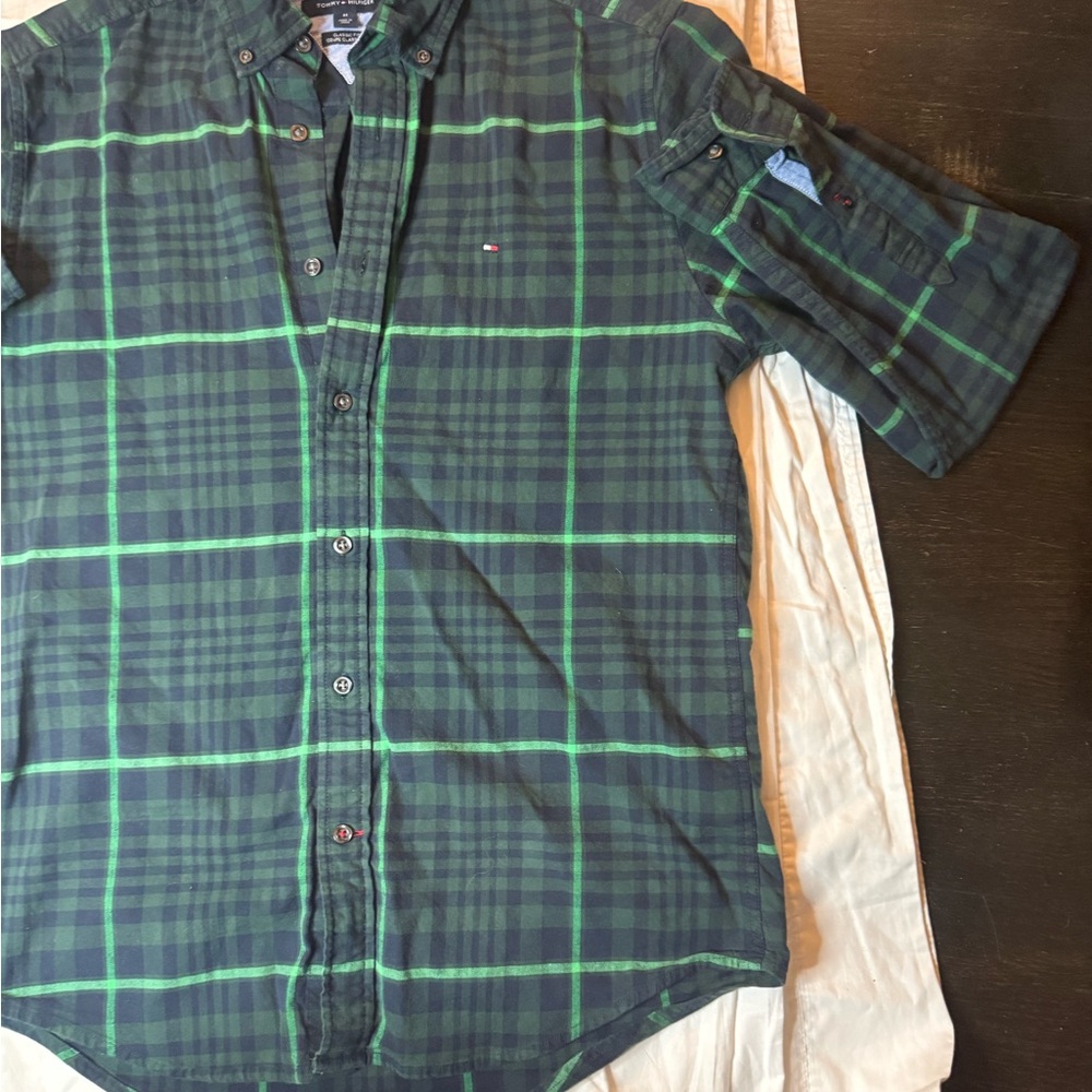 Tommy Hilfiger Men's Navy and Green Check Shirt size M classic casual stylish - Picture 6 of 11